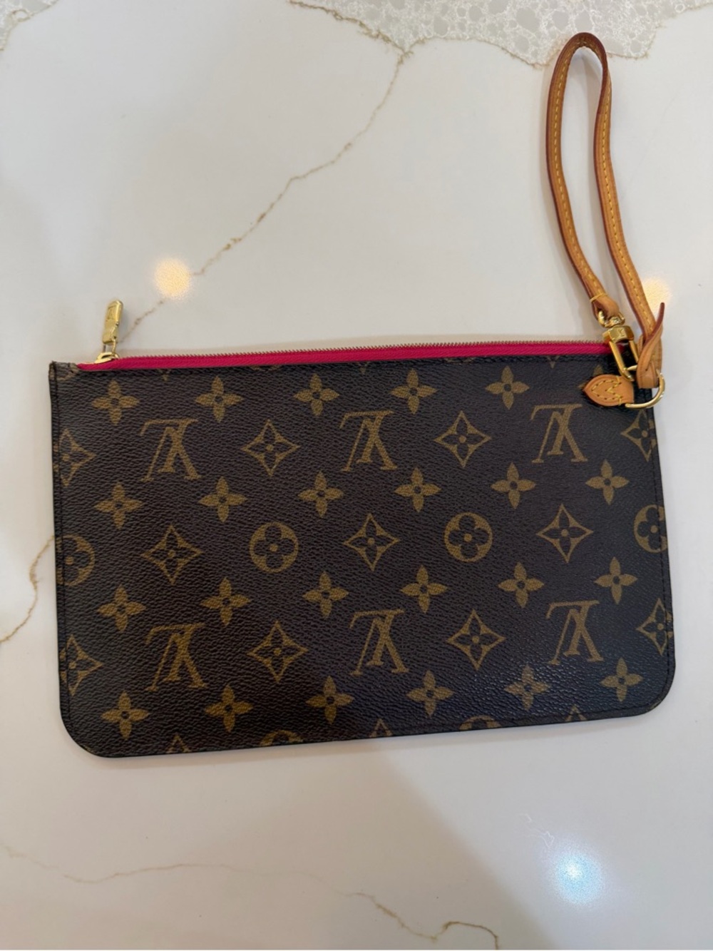Louis Vuitton Monogram Canvas Wristlet with Pink Zip and Tan Leather Strap